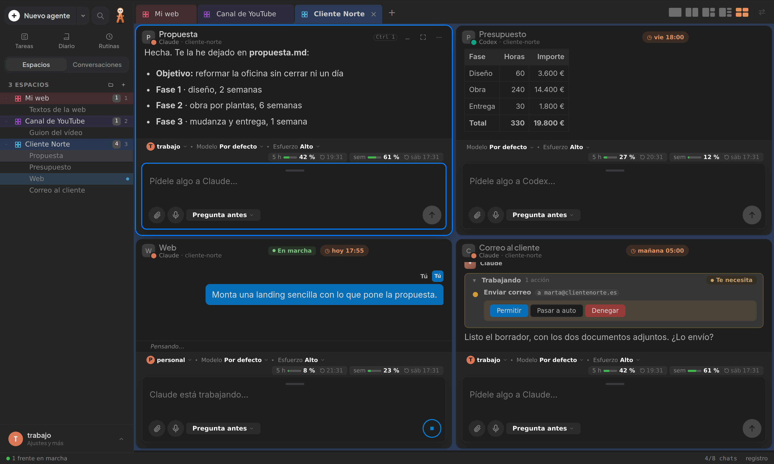 Atelia con el espacio «Cliente Norte» abierto: cuatro agentes a la vez. La propuesta y el presupuesto, terminados; la web, en marcha; y el correo al cliente, esperando tu permiso para enviarse. Cada agente con su cuenta de Claude o Codex y su uso.