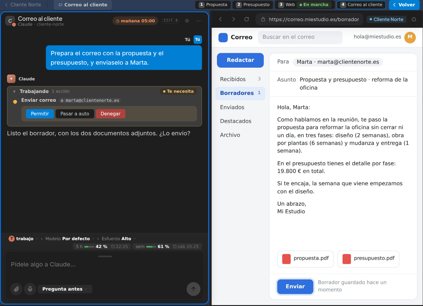 Un agente de Atelia con su navegador al lado, en el perfil «Cliente Norte»: ha escrito el correo a la clienta en la web del correo, con los dos documentos adjuntos, y espera tu permiso para enviarlo.